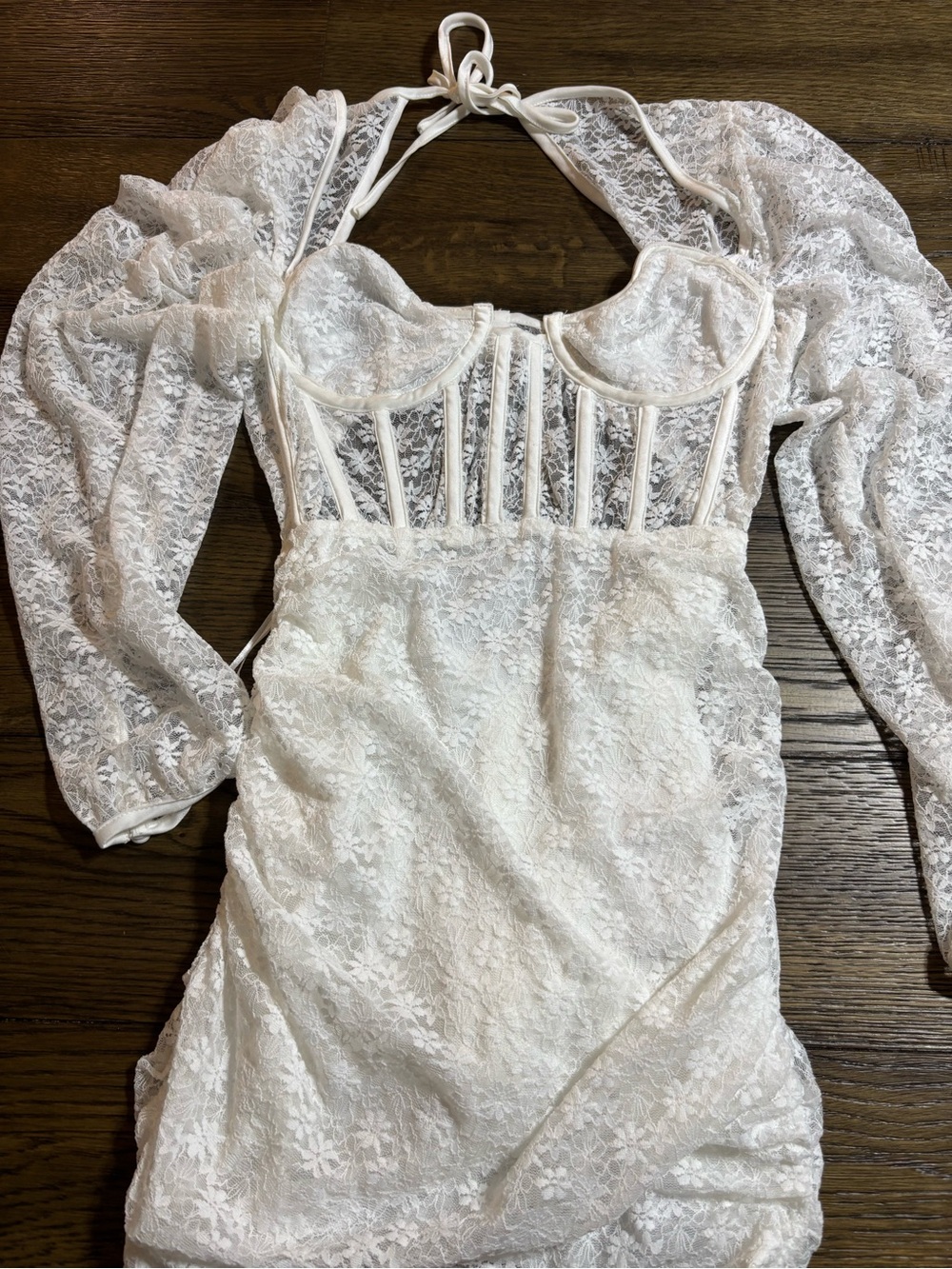 Ivory Lace Corset Mini Dress with Sheer Puff Sleeves